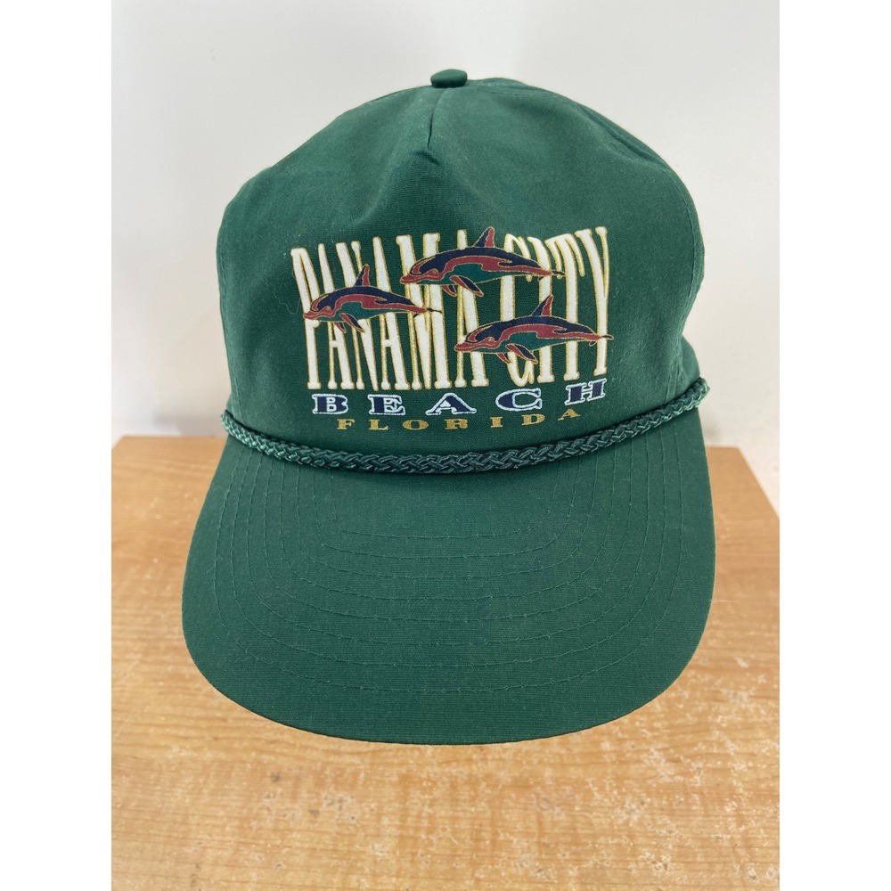Vintage Nissin Panama City Beach Florida Dolphin Snapback Hat Green Rope Cap